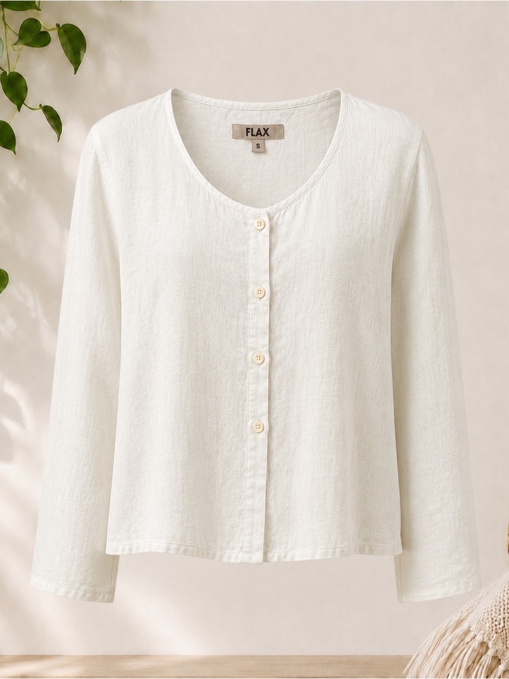 FLAX 100% Linen Peplum Back Button Front Top – Small NWOT